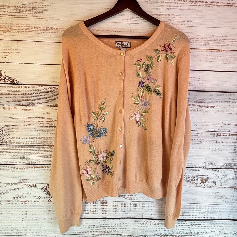 Vintage Embroidered Beaded Cardigan L Peach Ramie/Rayon 3D Ribbon Floral Whimsy - Picture 16 of 16